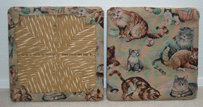 I wrapped fabric around to the back of the seat cushion, pulled it taut, and stapled it in place leaving the top of the cushion wrinkle-free.