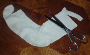 Cut off the socks' toes and cuffs.