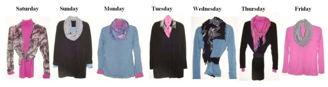 Planning each day’s specific wardrobe outfit ensures I won’t wear the same dominant color or memorable accent piece two days in a row. That ploy heightens the illusion of a wide variety of clothing.